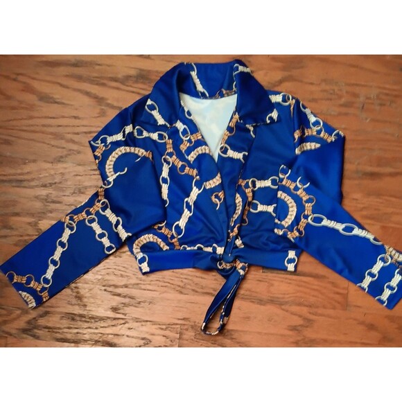 BLUE BLACK WHITE GOLD BLOUSE - Picture 1 of 3